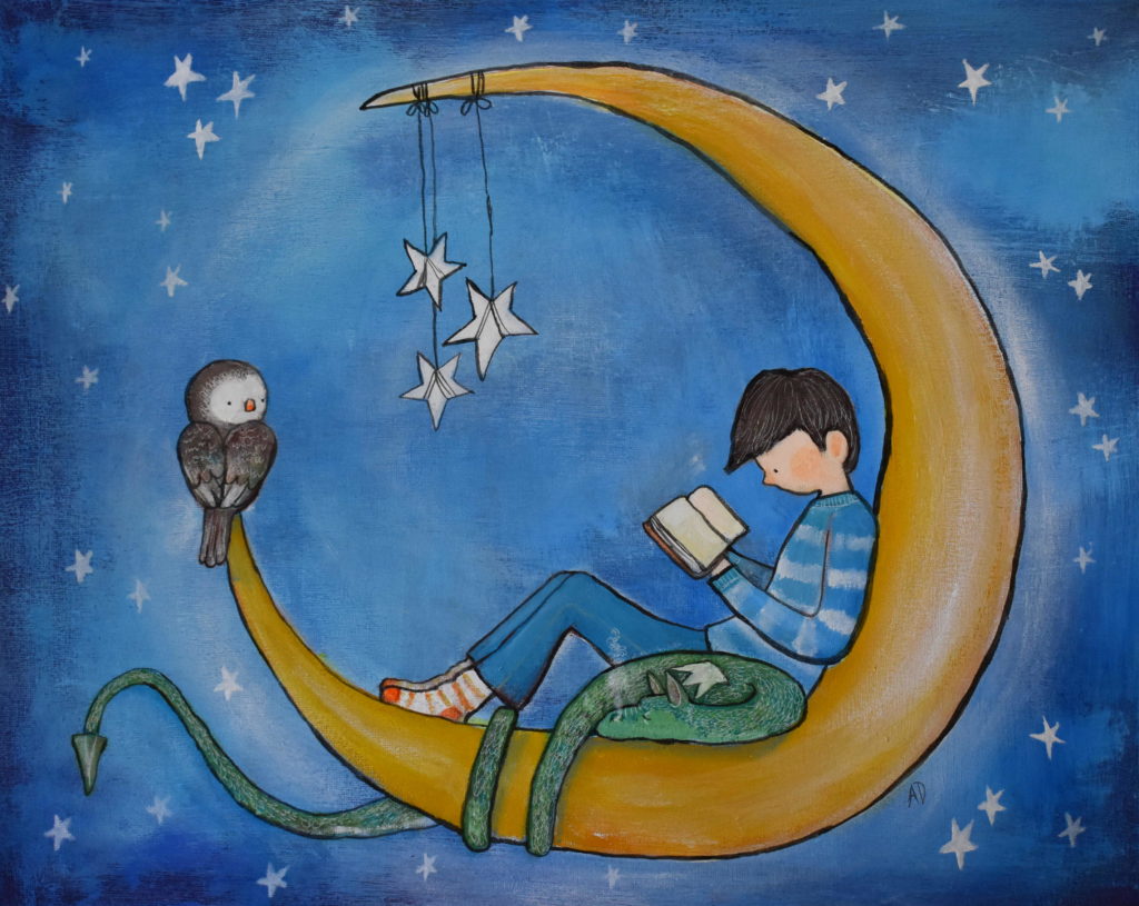 Boy Reading on the Moon